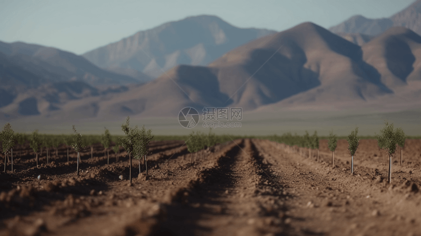 山脉荒野沙漠中种植的树苗图片