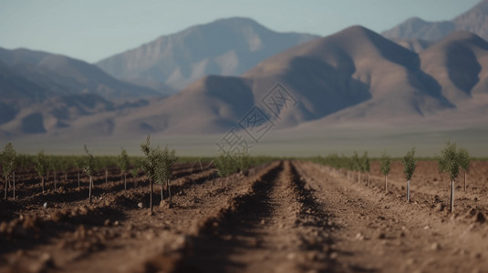 山脉荒野沙漠中种植的树苗图片