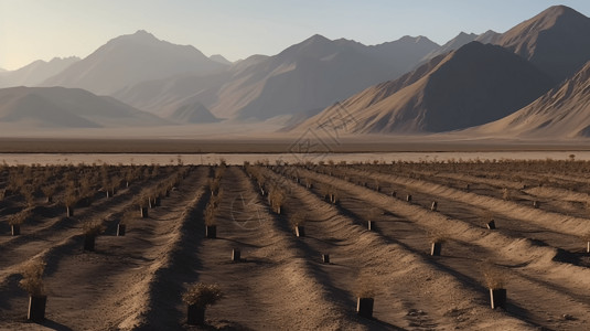 沙漠景观中种植的树苗图片