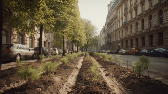 城市道路中间种植的树苗图片