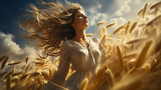女孩给麦子浇水小麦地中的女孩背景