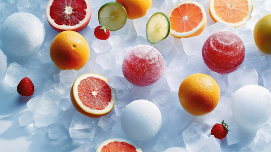 西柚冰冰块上的水果背景