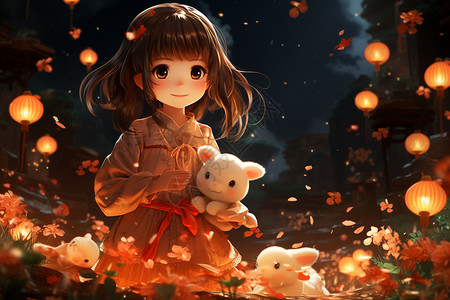 说抱着兔子的女孩在庆祝中秋节图片