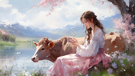 独自放牛的女孩背景图片