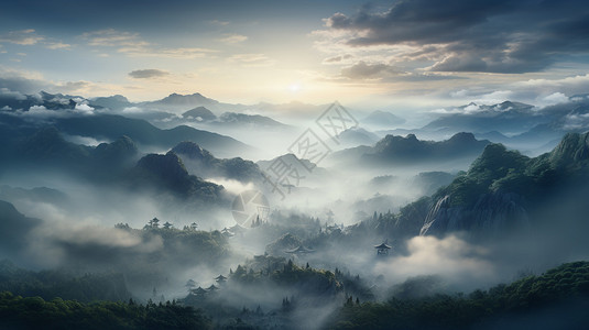 云雾缭绕的松林迷雾山谷上的云层插画