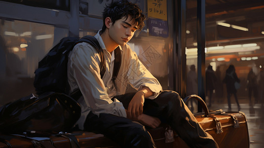 中国火车站一个年轻英俊的中国小伙子正在车站休息。插画