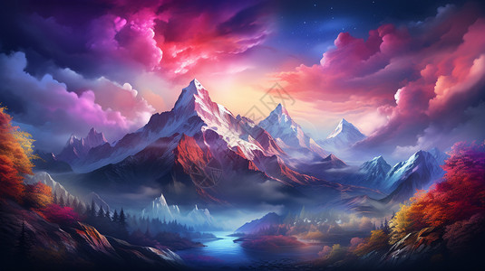 水彩风格的山景背景图片