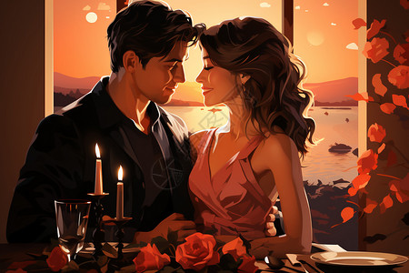 亲密爱人情侣享受浪漫的烛光晚餐插画