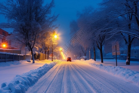 下雪夜晚城市冬季的街道背景