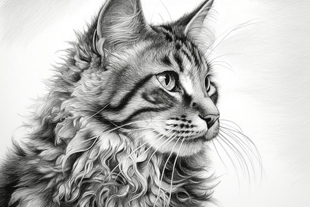 猫侧脸黑白的虎斑猫插画