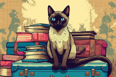 复古行李箱猫周围的书籍插画