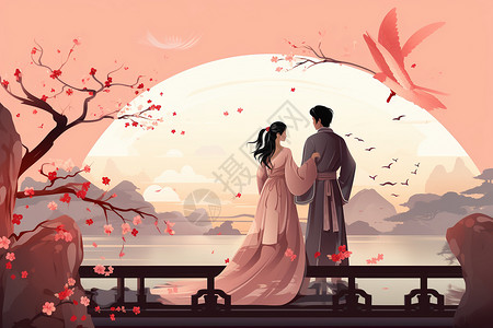 站在桥上的男人七夕节站在鹊桥上的情侣插图插画