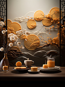 新中式展示风格的广式蛋黄月饼背景图片