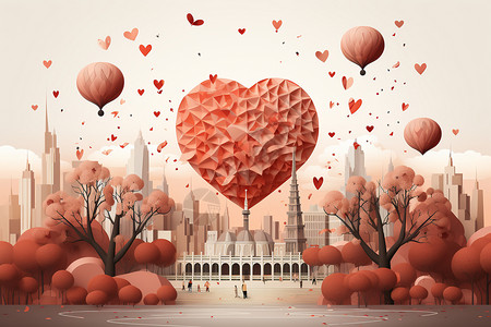 爱的城堡浪漫的情人节场景插画