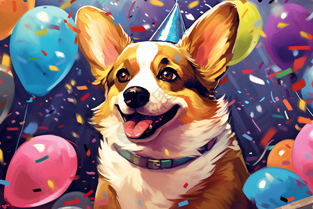 柯基气球派对上的柯基犬插画
