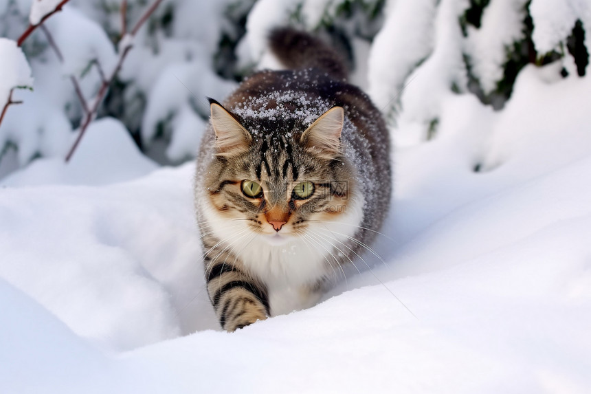 雪地里的虎斑猫图片