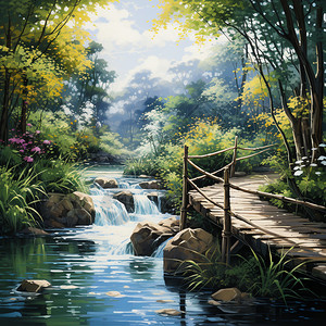 竹林流水树林里的河流插画