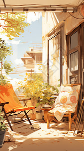 阳台上的摇椅手绘插画背景图片