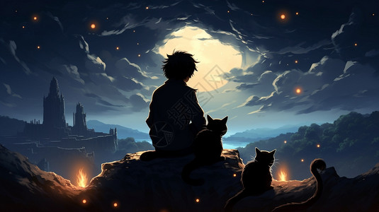 月下少年和猫背景图片