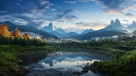 高山下的湖泊宝塔图片