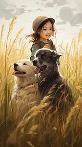 草原上的女孩和狗背景图片