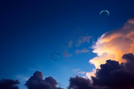 太阳月球蓝天白云的自然云景背景