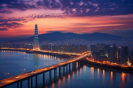 韩国夜晚汉江边的城市夜景背景