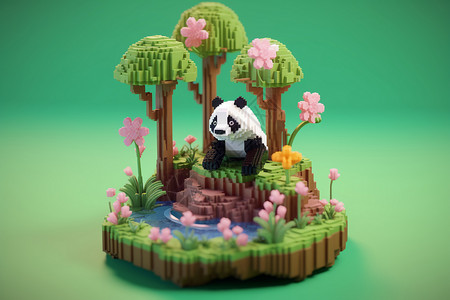 小像素素材树林中的熊猫积木背景