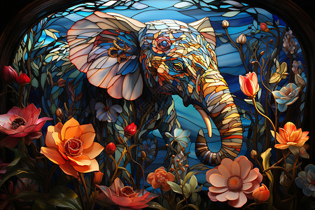 花朵和大象的插画背景图片