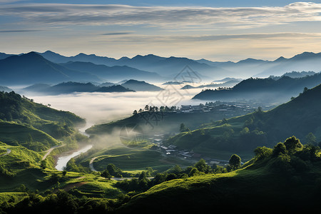 薄雾清晨薄雾弥漫的山脉背景