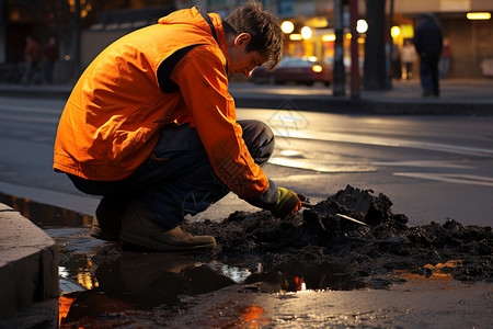 在街道上清理沥青的工人图片