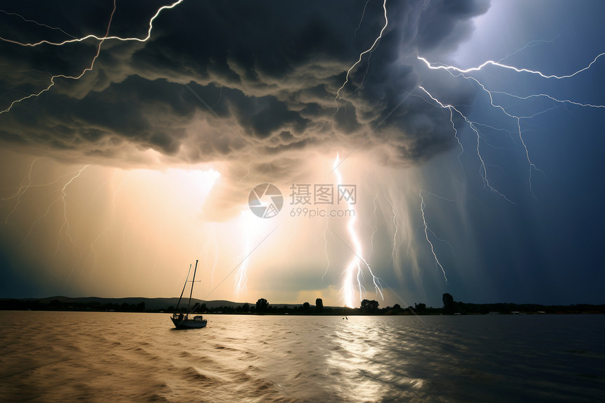 雷电场景下湖面上的船只图片