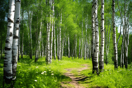 夏季森林中的桦树林背景图片