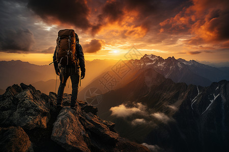 登山者登上壮丽的山峰背景图片