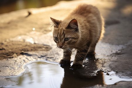 准备跳过水坑的猫咪高清图片