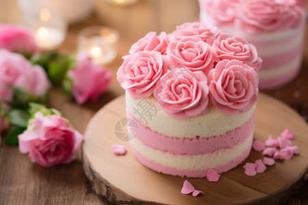 分层小桌子粉色玫瑰生日蛋糕背景