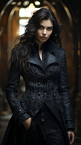 邪恶的女人穿着黑色大衣背景