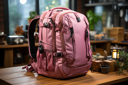 产品细节展示展示了一个粉红色的背包背景