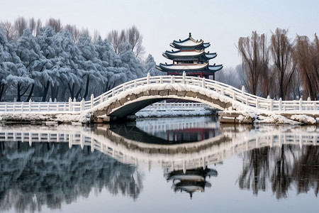 雪景下的公园小桥高清图片