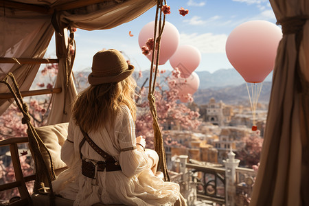 白色热气球浪漫热气球与女人的背影背景