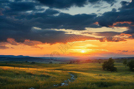 日落下的草原风景图片