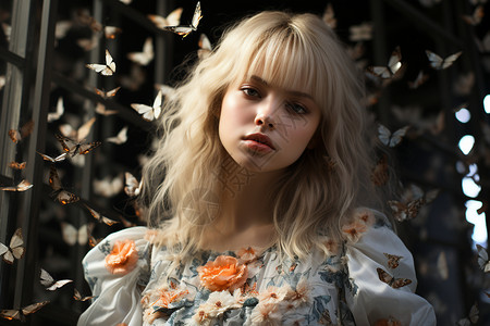 蝴蝶背景的白发女孩图片