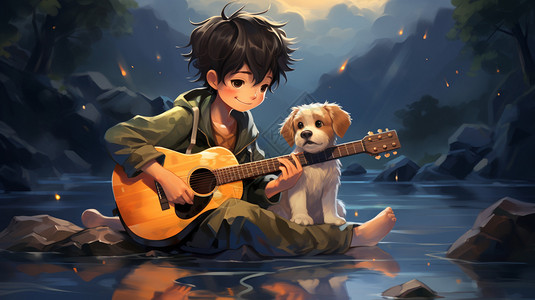 弹吉他的男孩和小狗图片