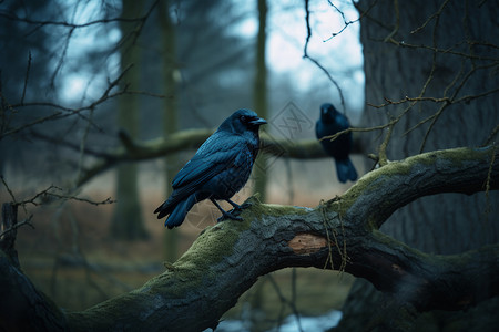 户外树木上的黑鸟图片