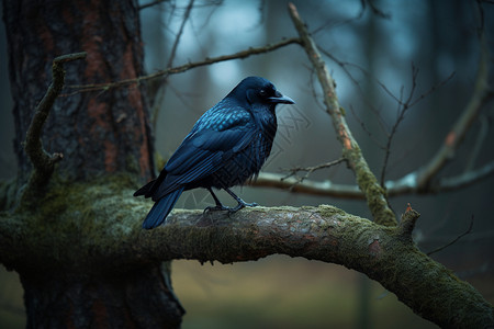 树枝上的野生黑鸟图片