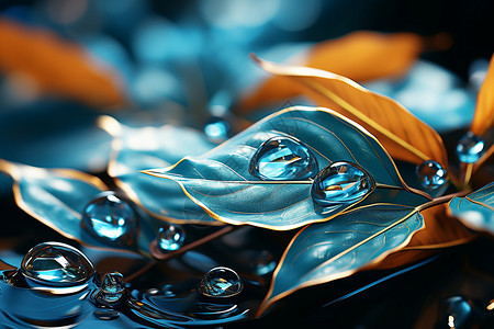 蓝色树叶上的水珠图片