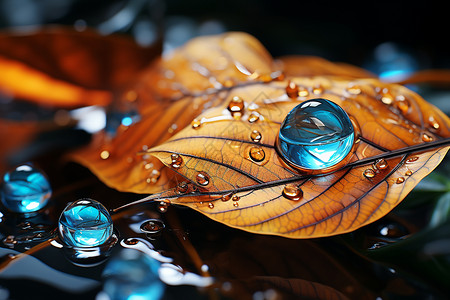 树叶上的水珠落叶上的晶莹水珠设计图片