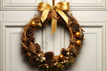 门上的手工圣诞花环背景图片