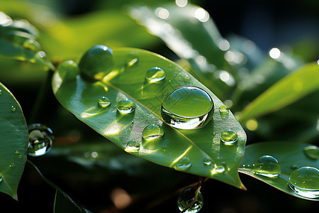 绿色树叶上的水滴背景图片