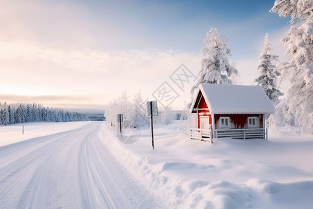 冬季路旁的红色小木屋背景图片